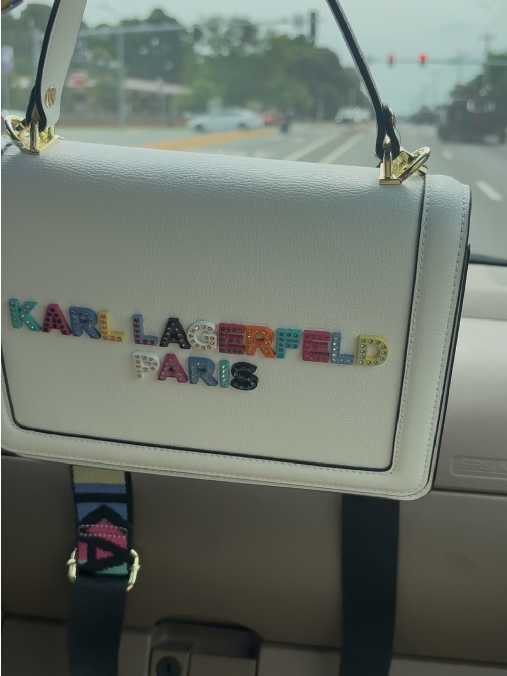 Karl Lagerfeld White Leather Top Handle Satchel with Multicolor Logo Studs